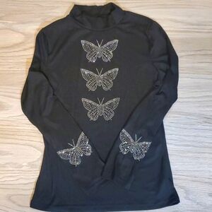 Denater- Women's Black Long Sleeved Top With Rhinestone Butterflies, Size Small